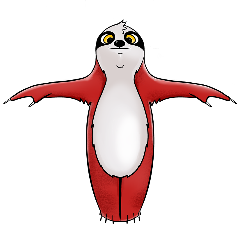 Speedy, the BEKING mascot, a sloth in a red suit, with his arms wide open
